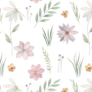 May include: A seamless pattern featuring watercolour illustrations of pink and purple flowers, green leaves, and yellow flowers. The flowers have a delicate, hand-painted look.