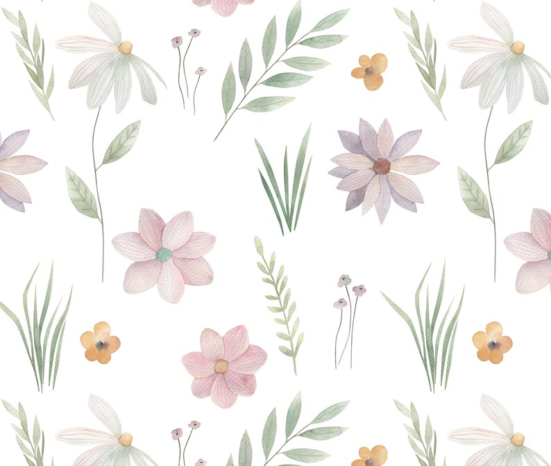 May include: A seamless pattern featuring watercolour illustrations of pink and purple flowers, green leaves, and yellow flowers. The flowers have a delicate, hand-painted look.