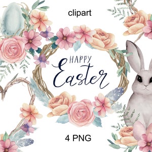 Watercolor Easter clipart, cute bunny clipart, easter eggs. Instant Digital Download, PNG