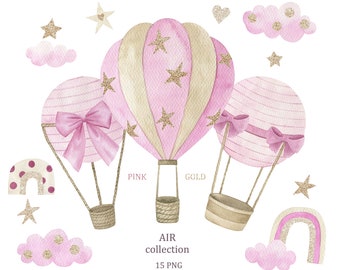 Colección Air Rosa Y Dorada. Acuarela globos aerostáticos clipart, baby shower, cumpleaños, guardería, decoración de pared, niña, descarga digital, png
