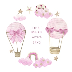 Couronne de montgolfière rose aquarelle, baby shower, bébés filles, étoiles dorées, anniversaire, cadre clipart, chambre de bébé, PNG
