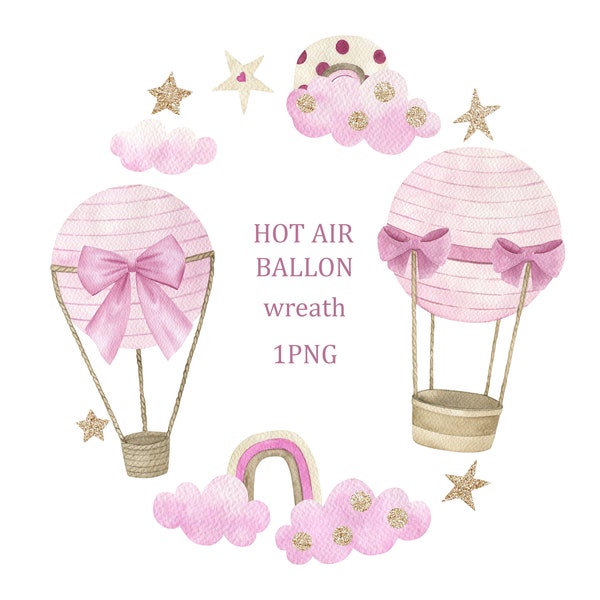 Watercolor Pink Hot Air Balloon Wreath, Baby Shower, Baby Girls, Gold Stars, Birthday, frame clipart, nursery, PNG