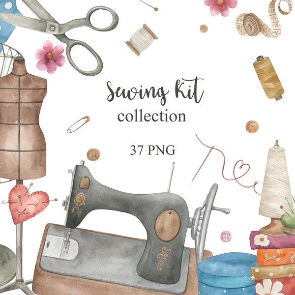 Watercolour Sewing Kit Collection. Needlework clipart, mannequin,  sewing machine, scissors, iron, PNG