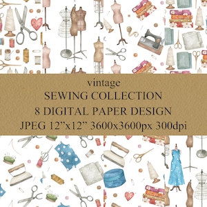 Watercolor seamless pattern. Sewing vintage digital background. Scrapbooking paper, fabric pattern. 12x12&#39;&#39;, JPEG.