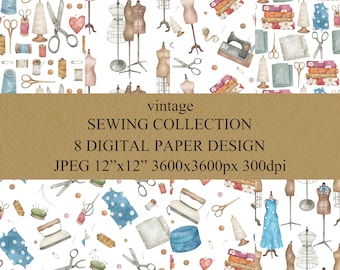 Watercolor seamless pattern. Sewing vintage digital background. Scrapbooking paper, fabric pattern. 12x12'', JPEG.