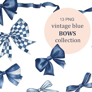 Vintage Blue Bows Collection, Ribbons  Clip Art. Baby shower, birthday card making, instant download, PNG