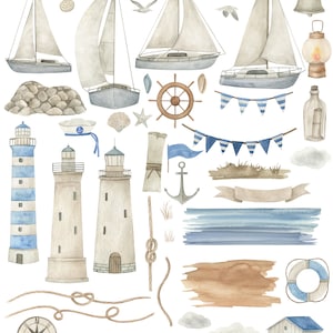 Watercolor Nautical Clipart Collection. Lighthouse, Ship, Seagulls ...