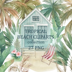 Watercolor Tropical Beach Cliparts Collection, Houses, Palm Trees, Leaves, PNG