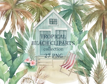 Watercolor Tropical Beach Cliparts Collection, Houses, Palm Trees, Leaves, PNG