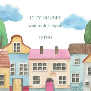 Watercolor houses clipart collection. City  cottages. Buildings plants clip art png