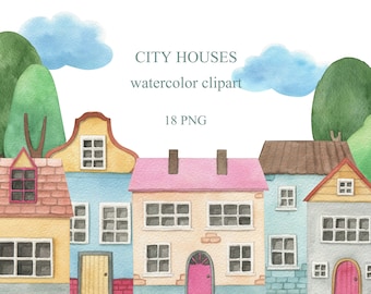 Watercolor houses clipart collection. City  cottages. Buildings plants clip art png