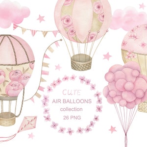 Leuke luchtballoncollectie. Aquarel hete lucht ballonnen clipart, kinderkamer wand decor, babymeisje, digitale download, png