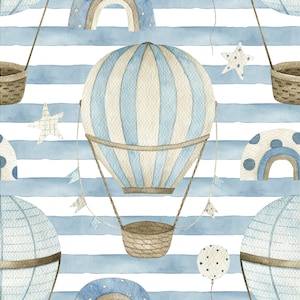 May include: A seamless pattern featuring blue and white striped hot air balloons, stars, and rainbows on a blue and white striped background.