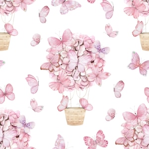 Aquarell, Blumen, Niedlich, Ballon, Mit, Schmetterlinge, Seamless, Pattern. Stoffdruck, kommerzielle Nutzung, digitaler Download