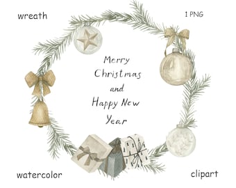 Watercolor  Christmas Wreath With  Decorations, Star, Clipart, PNG. Holiday Frame