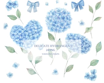 May include: Watercolor illustrations of blue hydrangea flowers, leaves, and bows. The illustrations are perfect for creating invitations, cards, and other paper crafts.