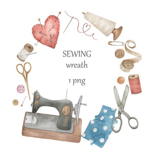 Clipart de couronne de couture. Cadre aquarelle, couture, téléchargement numérique, png