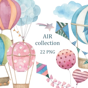 Air Collection. Watercolor hot air balloons clipart,  nursery wall decor, kids clip arts, digital download, png