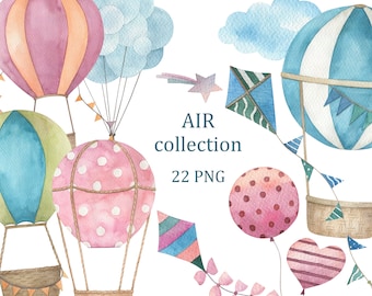 Air Collection. Watercolor hot air balloons clipart,  nursery wall decor, kids clip arts, digital download, png