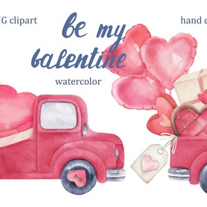 Watercolor Valentine&#39;s Day clipart with Pink Truck,  instant download, digital clipart, PNG
