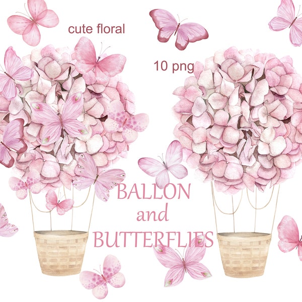 -Aquarell-Blumen-Rosa-süßer Ballon mit Schmetterlingen Clipart. - Clipart, PNG