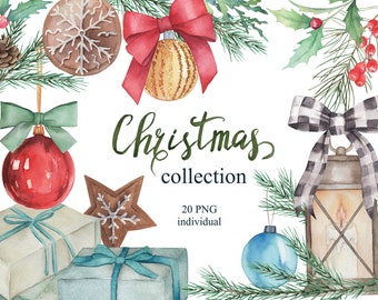 May include: A watercolor illustration set of 20 Christmas elements, including ornaments, gifts, a lantern, and a star. The elements are painted in a variety of colors, including red, green, blue, and brown. The text "Christmas collection" and "20 PNG individual" is included in the image.