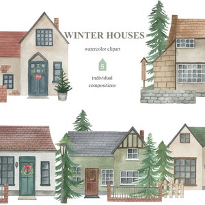 Watercolor houses clipart collection. Winter Christmas cottages. Buildings plants clip art png