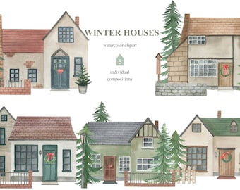 Watercolor houses clipart collection. Winter Christmas cottages. Buildings plants clip art png