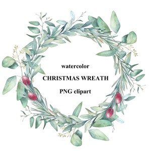 Mistletoe wreath, greenery frame. Watercolor floral clipart. Digital clipart, PNG