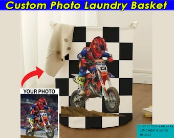 Mx Rider Kids Gifts Motocross Personalized Photo Laundry Basket, Unique Gift For Dirt Bikers, MX Racing Gifts (Checkered)