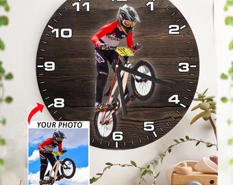 Bmx Racing Bike Rider Offroad Bike Racing Personalized Wooden Wall Clock, Gifts For Bmx Rider, Bicycle Motocross, BMX Dirt, Freestyle BMX