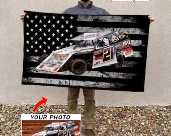 Modified Stock Car Racing Personalized Flag, Custom Gift For Dirt Track Racer, Unique Modified Car Racing Decor, Flag 24X36 (AmericanFlag02)