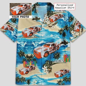 May include: A short-sleeved Hawaiian shirt featuring a repeating pattern of a white and orange race car with the number 26. The background depicts a beach scene with palm trees, surfboards, and ocean waves. The shirt has the text "Personalized Hawaiian Shirt".