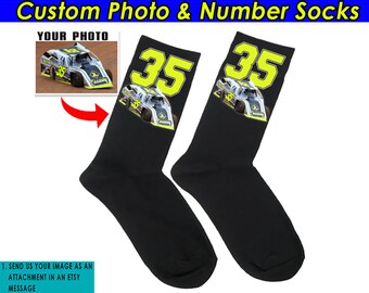 Late Model Car Dirt Track Racing Personalized Photo & Number Socks, Unique Gifts For Dirt Track Racers, Street Stock Car (BK311)