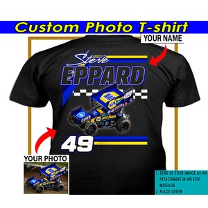 スプリントカーレース ダートトラックレース パーソナライズ写真＆名前入りTシャツ ダートトラックレーサーへのユニークなギフト 後期型車（背面）（BK395）