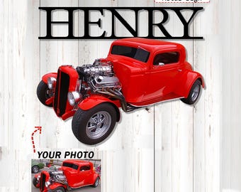 Hot Rod Personalized Photo and Name Cut Metal Sign, Unique Gift For Hot Rodders, Custom Hot Rod Street Rod Rat Rod Wall Art Decor (Phona2)
