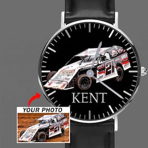 Late Model Modified Stock Car Personalized Photo & Name Black Stitched Leather Watch, Custom Wrist Watch For Dirt Track Racer (Phonawa)