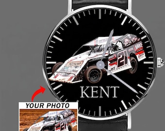 Late Model Modified Stock Car Personalized Photo & Name Black Stitched Leather Watch, Custom Wrist Watch For Dirt Track Racer (Phonawa)
