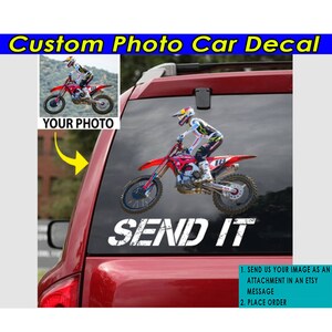 Décalcomanie photo personnalisée en vinyle transparent pour motocross, cadeaux sympas pour les motards, cadeaux uniques pour les motocyclistes, autocollants Send it (SENDIT)