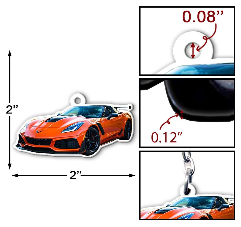 May include: Orange Chevrolet Corvette C8.R car keychain, 2 inches wide and 2 inches tall. The keychain is made of durable plastic and features a detailed design of the car. The keychain has a small hole at the top for attaching to a key ring.
