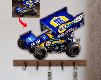 Sprint Car Racing Personalized Photo Wooden Key Holders, Unique Gift For Sprint Car Racers Drivers, Custom Sprint Car Key Hooks (keyholder)