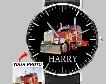 Flatbed Semi-trailer Truck Personalized Photo & Name Black Stitched Leather Watch, Custom Big Truck Wrist Watch For Big Rig Driver (Phonawa)