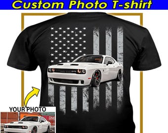 Muskel-Auto personalisiertes Foto T-Shirt, einzigartige kundenspezifische Geschenke für Auto-Liebhaber, Muskel-Auto Hot Rod Besitzer, USA-Flaggen-T-Shirt (auf der Rückseite) (BK5)
