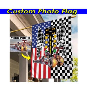 Bandera a cuadros con foto personalizada de Dragster, bandera personalizada de carreras de dragster, regalo divertido para amantes de las carreras de dragster (BK528)