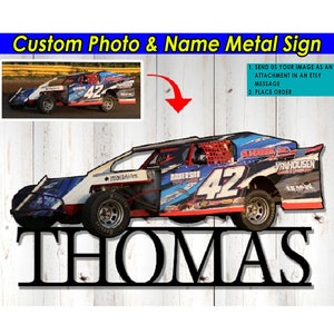 Dirt Track Racing Personalized Photo and Name Cut Metal Sign, Unique Gift For Car Guys, Late Model Car, Street Stock Car, motorsport (Phona)