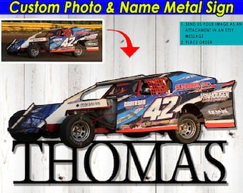 Dirt Track Racing Personalized Photo and Name Cut Metal Sign, Unique Gift For Car Guys, Late Model Car, Street Stock Car, motorsport (Phona)