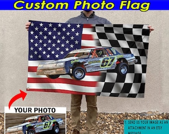 Modified Stock Car Personalized Photo Dirt Track Racing Checkered Flag, Sprint Car Racing, Dirt Late Models, Midget Car, Go karting (BK505)