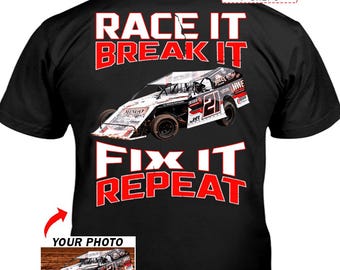 Funny Dirt Track Racing Car Personalized Photo T-shirt, Gift For Dirt Track Racer, Modified Stock Car Racing Team (On the Back) (Dir2)