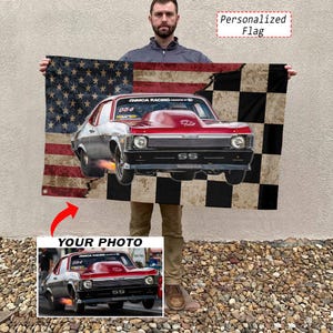 May include: A rectangular flag featuring a distressed American flag and black and white checkered pattern background. A red muscle car with the text SS and 054 is centered on the flag. The text Personalized Flag is in the top right corner.