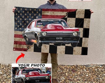 Pro Mod Modified Car Drag Racing Personalized Photo Checkered Flag, Custom Drag Racing Flag Wall Decor, Unique Gift For Drag Racer (Mixed)